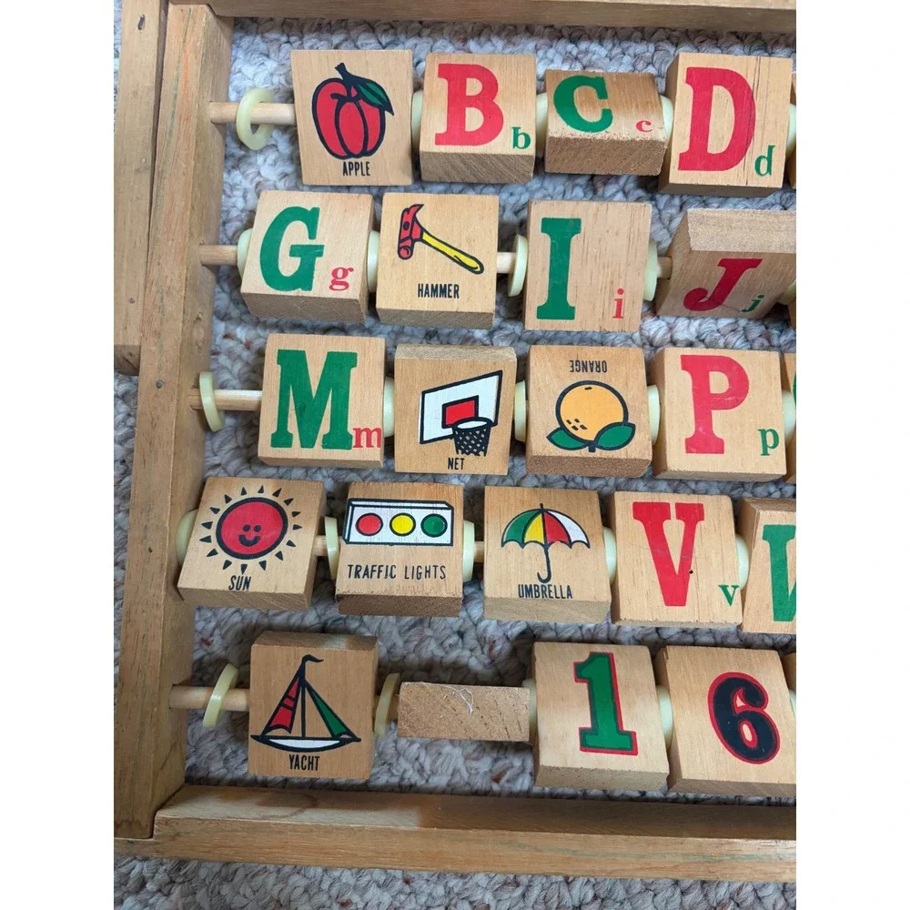 Vintage Wooden Alphabet Abacus Learning Toy Letters Numbers Blocks